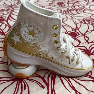 Converse White Canvas High-Top Sneakers with Gold Accents